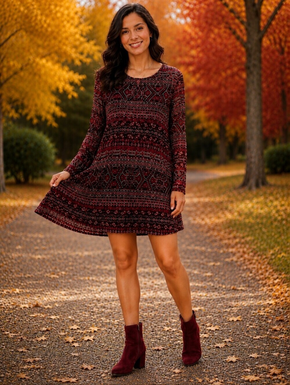 Forever 21 Burgundy Tribal Print Swing Dress XL Boho Semi Sheer Overlay EUC